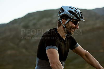 Buy stock photo Happy, man and cycling outdoor with helmet for safety, fitness or training with mockup space and thinking. Person, cyclist and headgear for protection in nature, reflection and prepare for triathlon