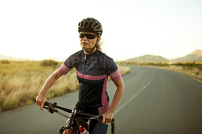 Buy stock photo Cycling, sunglasses and woman with helmet on bicycle for exercise, workout and fitness outdoor. Sports gear, cyclist and person with bike on road for adventure, travel and practice for competition