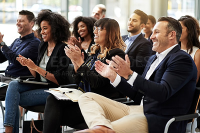 Buy stock photo Crowd,, happy or business people clapping in seminar for success, goal or corporate project. Smile, staff development and applause of audience in convention for event, group or winning achievement