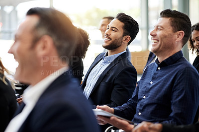 Buy stock photo Man, smile and business people with conference, workshop or announcement for seminar event. Audience, laughing and comedy with crowd, convention and b2b support for presentation info or pitch