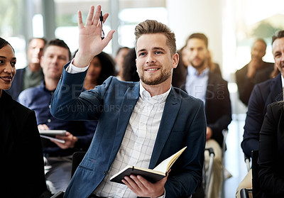 Buy stock photo Business, audience or man with hands raised in seminar for FAQ, learning or workshop interaction. Conference group, person or notebook with question for career development, engagement or summit notes