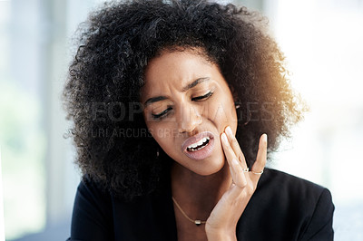 Buy stock photo Business woman, pain and toothache from dental cavity, tooth decay or gum disease in office. Consultant, employee and mouth ache from infection, poor oral hygiene or inflammation in creative agency