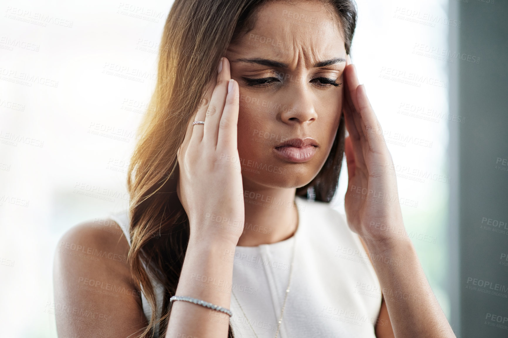 Buy stock photo Woman, headache or stress for professional fail, mistake with end of internship or pressure in finance. Female person, employment crisis in corporate or migraine pain for disaster at investment firm