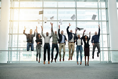 Buy stock photo Business people, jump or paper throw with celebration for internship success, good news or growth. Office, diversity or trainees with documents in air for job opportunity, team achievement or victory
