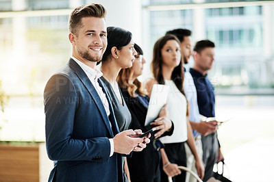 Buy stock photo Job interview, phone or happy man in waiting room for resume, HR appointment or sign up. Portrait, smile or candidate with mobile in line for recruitment process, hiring or application opportunity
