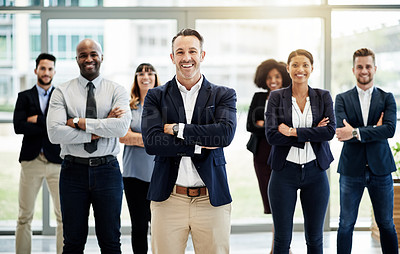 Buy stock photo Office, portrait and happy man with arms crossed for teamwork, mission and finance agency. People, confident financial advisor or proud leader in accounting firm for company and skill development