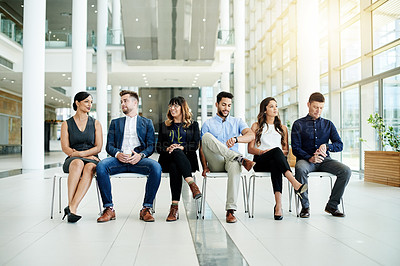 Buy stock photo Job interview, waiting or people in lobby for appointment, hiring or human resources in office. Group, hire or applicants in line for recruitment process, employment search or application opportunity