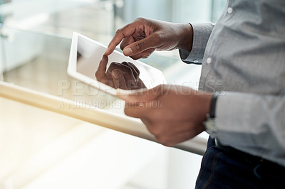 Buy stock photo Hands, tablet screen and business man in office for email, communication or update for insurance. Technology, online and broker with digital app for policy review, research or information on internet