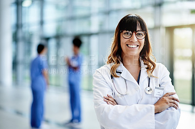 Buy stock photo Happy, hospital and portrait of doctor with crossed arms for medical service, cardiology and wellness. Healthcare, lobby and woman with confidence, pride and smile for medicare support in clinic