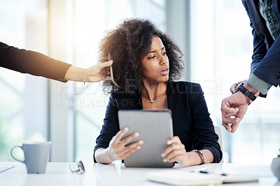 Buy stock photo Deadline, multitasking or businesswoman in office with pressure, administration crisis or tablet. Overwhelmed, phone call or hands of people with watch for appointment time and task report to manager