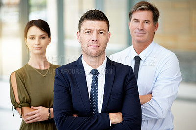 Buy stock photo Portrait, serious or recruitment team with arms crossed, about us or we are hiring for agency. Talent acquisition, join us or employees with manager by office building, job opportunity and leadership