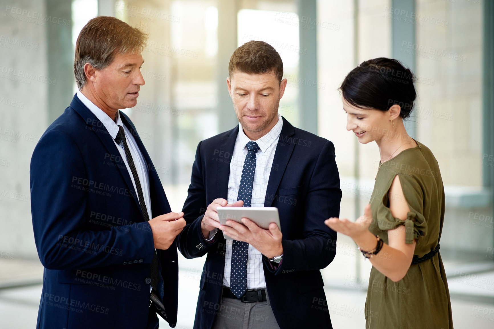 Buy stock photo Talking, employees and group with tablet, office and teamwork for sales pitch, pointing and explain. Online, project and people with tech for collaboration, account manager and discussion with info