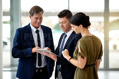 Buy stock photo Tablet, collaboration and business people planning in office for investment banking. Technology, team and corporate meeting with banker for financial briefing, review account and credit information