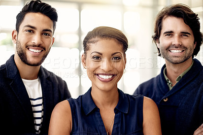 Buy stock photo Smile, leadership or team in office with portrait, ambition or motivation for company goals. Happy, business people or unity in workplace with female management, solidarity or collaboration in agency