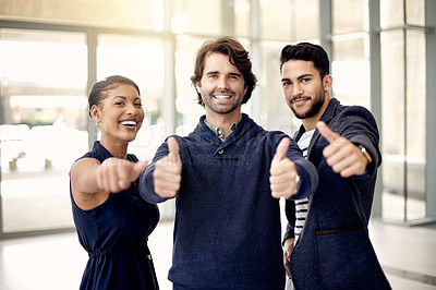 Buy stock photo Happy, thumbs up or leadership in office with people, good news or success for candidate. Smile, management or recruitment team portrait in lobby with approval, corporate or diversity for work