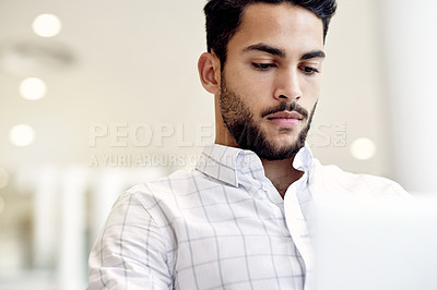 Buy stock photo Laptop, reading and research with business man in office for account manager, planning and online. Portfolio advisor, investment review and bokeh with person in financial agency for digital report
