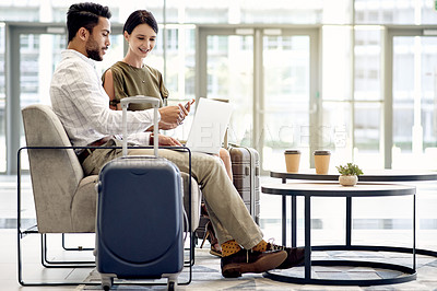 Buy stock photo Business trip, man and woman with smartphone, airport and checking emails for international seminar. Happy, team and colleagues with tech for schedule updates, suitcase and luggage in waiting room
