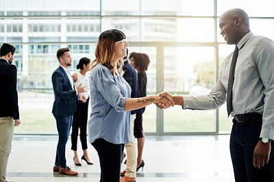 Buy stock photo Woman, man and handshake with smile at office, welcome and introduction with deal at in lobby. Business people, HR manager and shaking hands with hello, thanks or collaboration at corporate agency