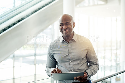 Buy stock photo Tablet, happy and portrait of black man in office with research for finance report with email. Digital technology, contact and African financial manager with online investment proposal in workplace.