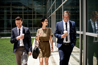 Buy stock photo Walking, coffee and travel with business people in city for labor advocate, legal team and morning commute. Smile, attorney partnership and drink with employees outdoor for court case discussion