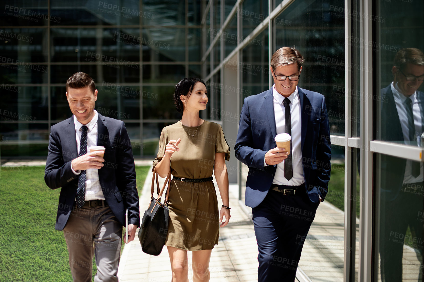 Buy stock photo Walking, coffee and travel with business people in city for labor advocate, legal team and morning commute. Smile, attorney partnership and drink with employees outdoor for court case discussion