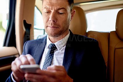Buy stock photo Phone, travel and business man in car for chauffeur service, contact and vip passenger. Concierge fleet, event schedule or security transport with mature person in vehicle for conference arrival time