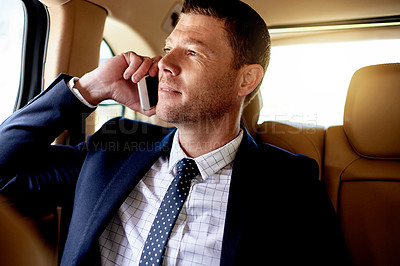 Buy stock photo Car, phone call and thinking with business man in backseat for travel to job or work location. Communication, commute and planning with mature employee in vehicle for transportation as passenger