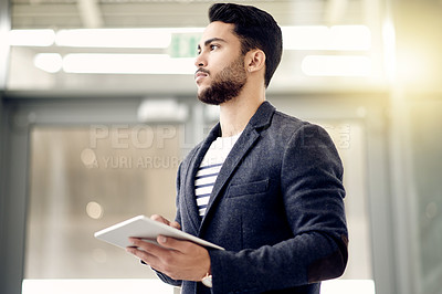 Buy stock photo Thinking, review or businessman in lobby with tablet for budget savings, risk assessment or research. Financial advisor, office or investment banker with technology for accounting and news update