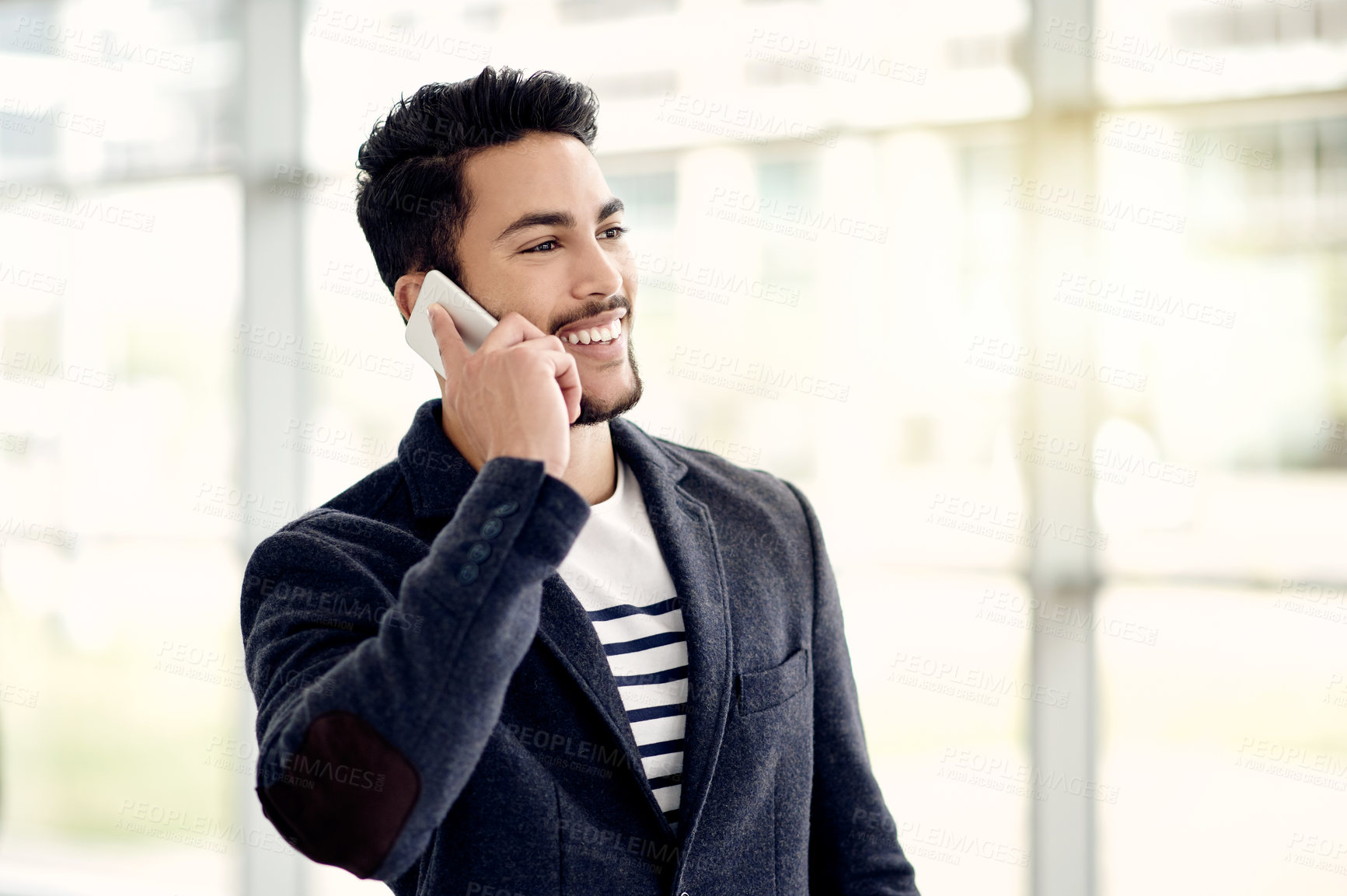 Buy stock photo Phone call, smile and businessman in office with communication, contact or networking for finance deal. Happy, cellphone and male financial manager on mobile discussion for investment negotiation.