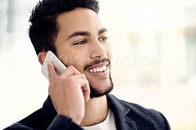 Buy stock photo Phone call, happy and businessman in office with contact, communication or networking for finance deal. Smile, cellphone and male financial manager on mobile discussion for investment negotiation.