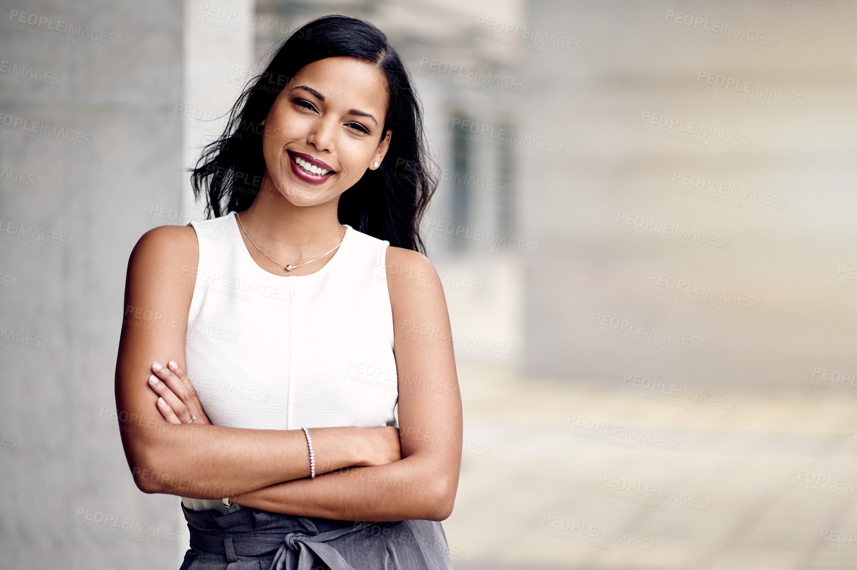Buy stock photo Arms crossed, opportunity and portrait of woman outdoor at office building for about us or company mission. Business, city and smile with professional employee on space at work for development