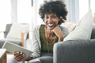 Buy stock photo Tablet, portrait and smile with black woman on sofa for social media, connection or communication. Website, networking app and streaming with person in living room of home for digital post and relax
