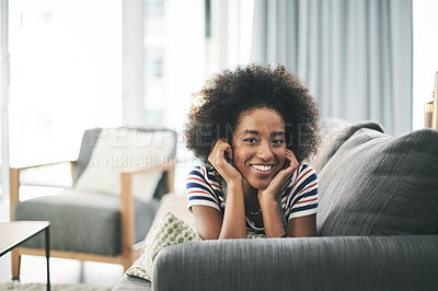 Buy stock photo Black woman, smile and portrait on couch in home with off day, weekend or rest in living room. Happy, female person and relax on sofa for break in lounge, stress relief or comfortable in apartment