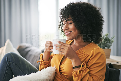 Buy stock photo Black woman, coffee and happy in living room with peace, mindfulness or daydreaming with drink in house. Smile, calm and person with cup, wellness or reflection for inspiration with morning tea