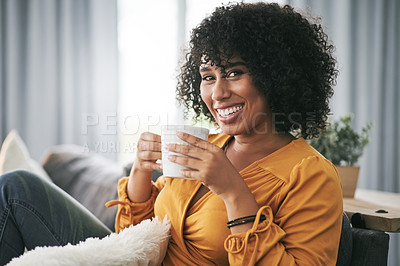 Buy stock photo Woman, smile and portrait with tea in living room, unwind or routine to relax with drink in house. Happy, comfortable and black person with warm beverage for rest, break or weekend at apartment
