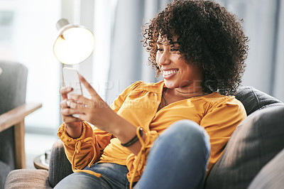Buy stock photo Home, smile and woman with smartphone, relax and message to contact, social media and funny. Happy, cellphone and person with online comedy, typing and communication with connection and digital app