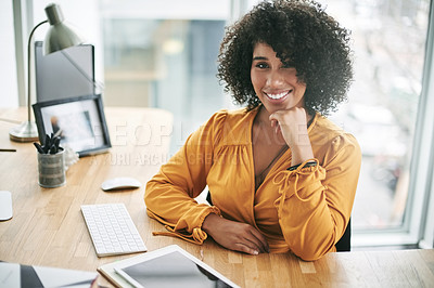 Buy stock photo Portrait, creative and black woman with smile, office and pride for career development and employee. Happy, graphic designer and ambitious for job opportunity, confident or positive attitude in Kenya