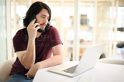 Buy stock photo Business, man and phone call with laptop in office for communication, b2b networking and discussion. Digital designer, person and talking at desk for content review and social marketing campaign deal