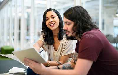 Buy stock photo Business, people and conversation with tablet in office for communication, brainstorming and digital collaboration. Creative team, graphic designers and online with technology for visual project.