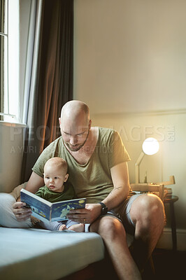 Buy stock photo Family, dad reading baby a book and storytelling, learning and development with early childhood and love. Man, child and story, bonding and relax at home with care, relationship and learn language