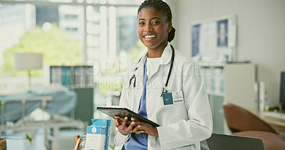 Buy stock photo Portrait, woman and doctor with tablet in medical office, hospital or clinic with x ray for diagnosis. Black person, healthcare worker and smile with results on technology by email, app or internet