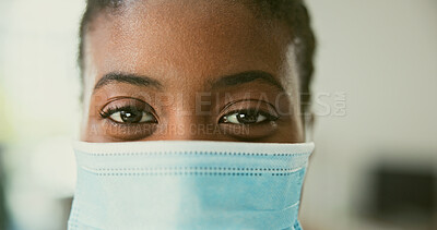 Buy stock photo Portrait, person and mask with closeup for disease, illness or virus with compliance for covid 19, rules and regulations. Black woman, eyes and face with protection, safety and choice for healthcare