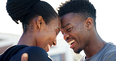 Buy stock photo Black couple, joy and love outdoor with forehead touch for commitment, relationship and bonding. Happy, man and woman together for quality time, soulmate or romantic connection or support in summer