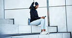 Fitness, headphones or happy woman with music on staircase for outdoor workout break or rest. Active, female person or listening with phone for mobile entertainment, online podcast or audio streaming