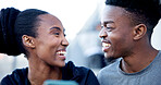 Outdoor, love and happy couple with phone, fitness or streaming workout tutorial with partner on web. Online, funny videos and black people with mobile, laughing and connection on exercise break