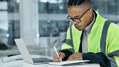 Buy stock photo Architect, writing and notebook in office with laptop, goal setting and planning design of property. Black man, computer and designer in workplace with journal, architecture project and reminder.