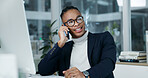 Happy, black man and lawyer in office with phone call, contact and legal advice for court case. Person, attorney and computer at law firm with mobile, question witness and feedback for trial verdict