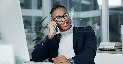 Buy stock photo Happy, black man and lawyer in office with phone call, contact and legal advice for court case. Person, attorney and computer at law firm with mobile, question witness and feedback for trial verdict