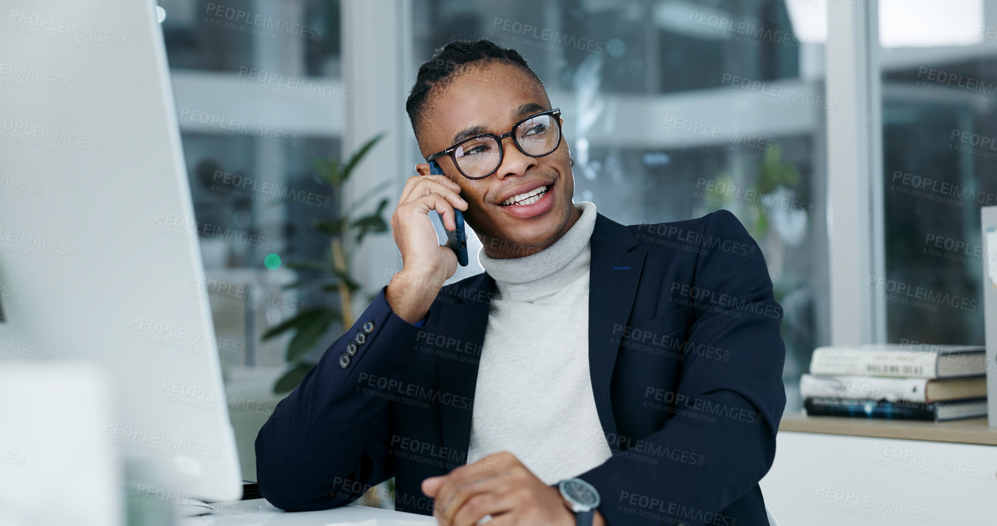 Buy stock photo Happy, black man and lawyer in office with phone call, contact and legal advice for court case. Person, attorney and computer at law firm with mobile, question witness and feedback for trial verdict