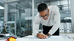 Architecture, paperwork and man in office for blueprint, planning and sketch for property layout. Documents, drawing and African person with floor plan for renovation, remodeling and building design
